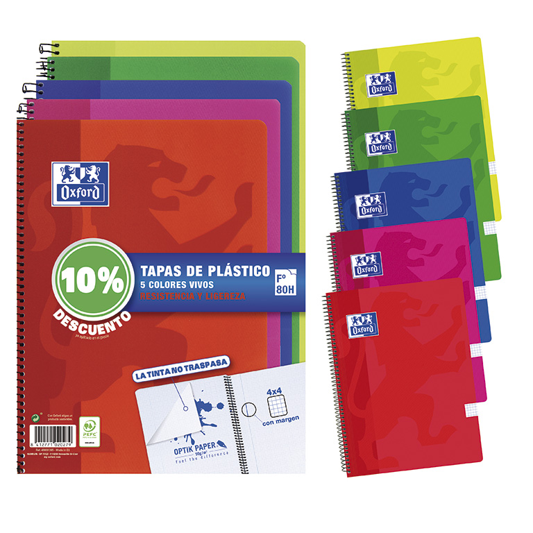 BLOC ESPIRAL OXFORD FOLIO TAPA PLÁSTICO 80 HOJAS 90G CUADRÍCULA 4 MM
