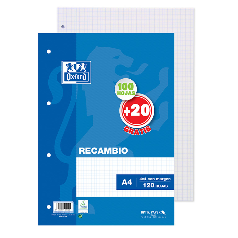 RECAMBIO OXFORD A4 100 HOJAS 80 GRAMOS CUADRICULA 4X4 MM