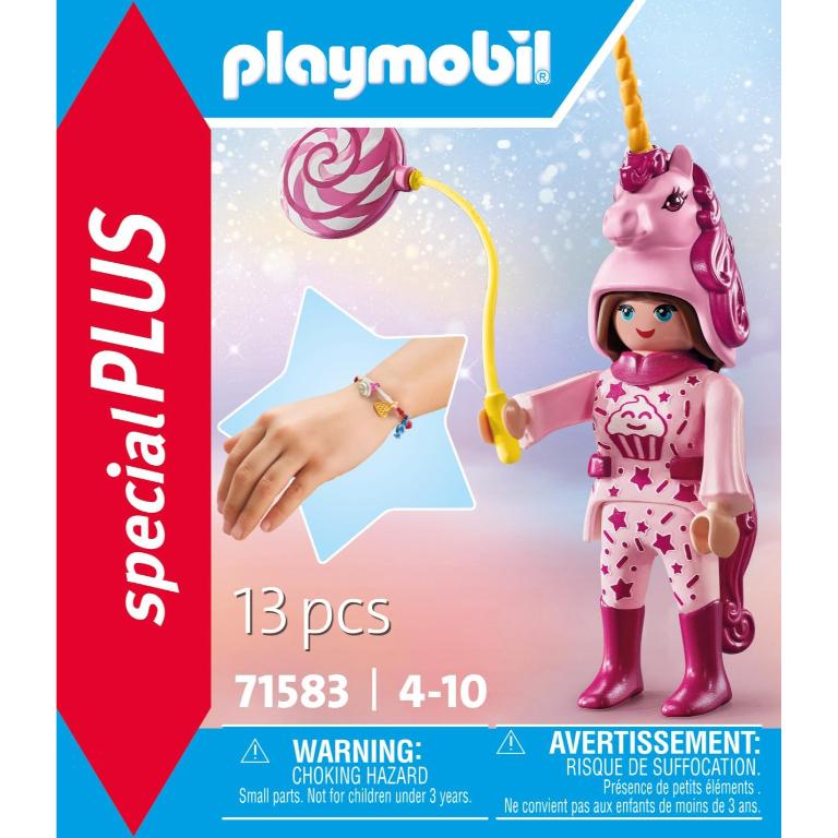 PLAYMOBIL MUJER CON DISFRAZ DE UNICORNIO Y GLOBOS