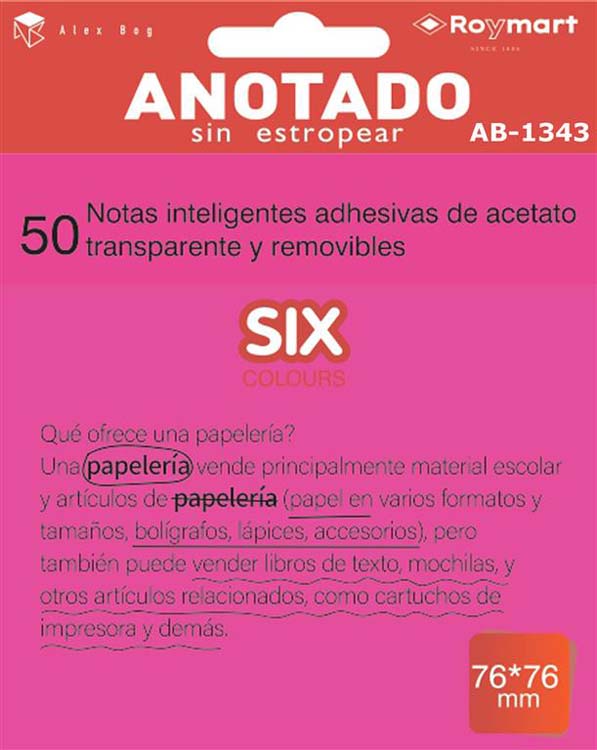 BLOC NOTAS ADHESIVAS QUITA Y PON TRASLUCIDAS ROSAS 76X76 MM 50 HOJAS	
