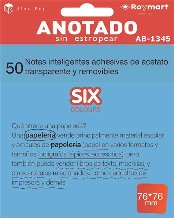 BLOC NOTAS ADHESIVAS QUITA Y PON TRASLUCIDAS AZUL 76X76 MM 50 HOJAS	